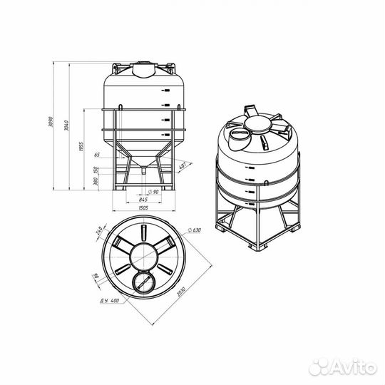 Емкость конусная пластиковая с полным сливом