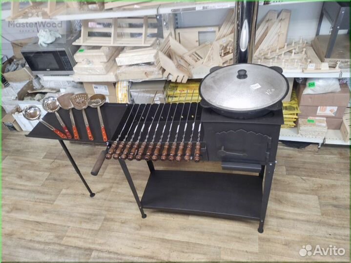 Мангал с печью под казан с откидным столом