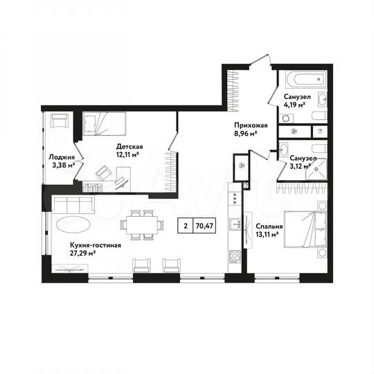 2-к. квартира, 70,5 м², 6/25 эт.
