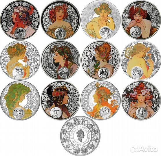 Набор серебряных монет Знаки зодиака Альфонса Мухи