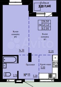 Своб. планировка, 42 м², 10/20 эт.