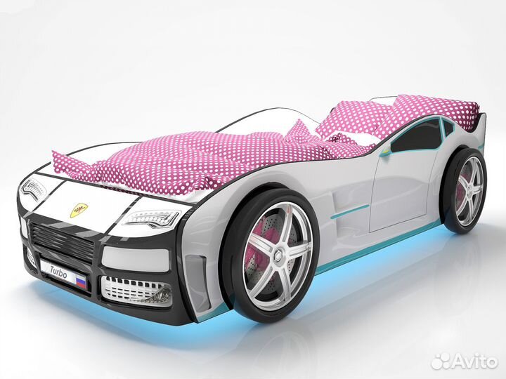 Кровать-машина Турбо Белая с колесами (2шт.), с по