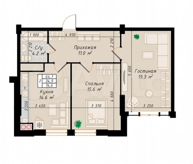 2-к. квартира, 64,6 м², 1/10 эт.