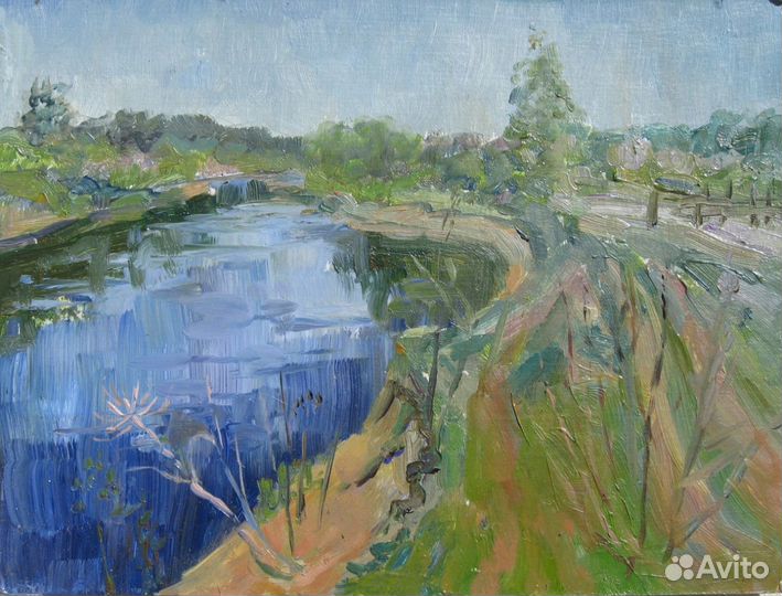 Картина весенний пейзаж с рекой масло
