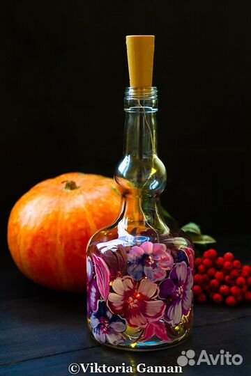 Бутылка-светильник роспись маслом вручную