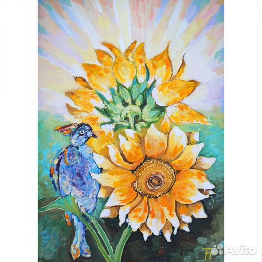 Картина цветы и птичка Подсолнухи масло текстурная