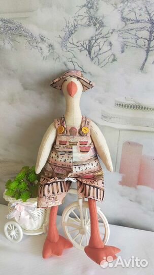 Кукла тильда ручной работы. Гусь на велосипеде