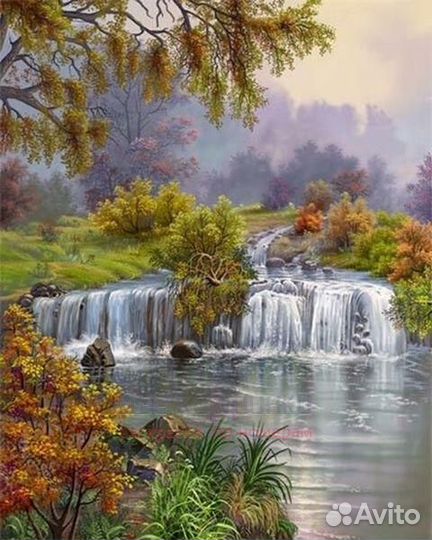 Алмазная мозаика 40x50 Пейзаж осеннего леса с реко