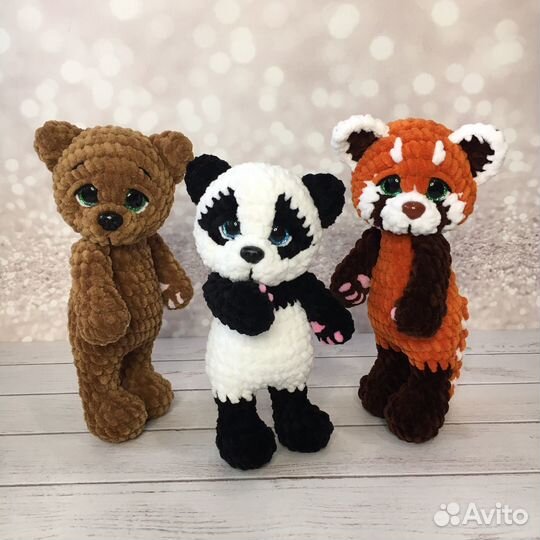 Вязаные игрушки ручной работы мишка, пандочка