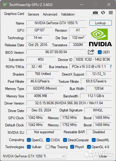 Видеокарта MSI GeForce GTX 1050 Ti OC 4GV1