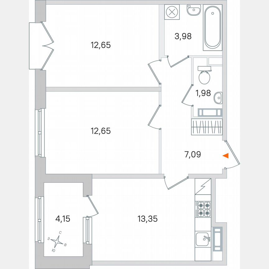 2-к. квартира, 53,8 м², 3/4 эт.