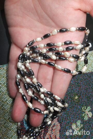 Чехия винтаж ожерелье гематит с речным жемчугом
