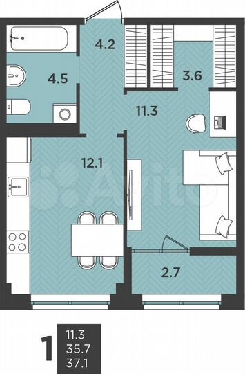 2-к. квартира, 37,1 м², 5/9 эт.