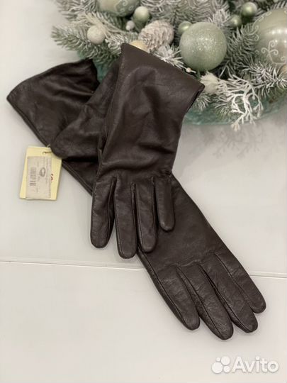 Перчатки кожаные, длинные, темно-коричневого цвета