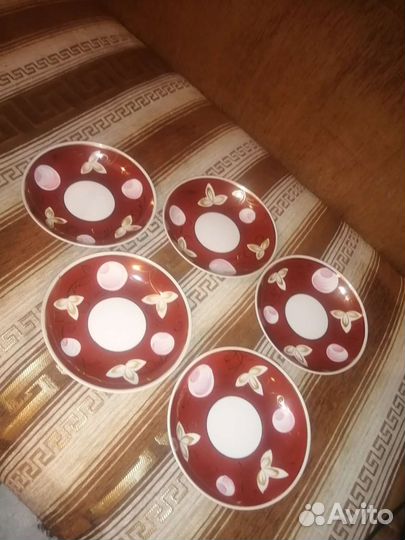 Чашка + 5 блюдец Вербилки коричневые сливы