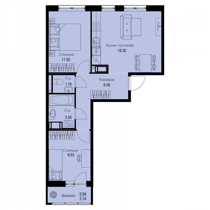 2-к. квартира, 54,1 м², 3/9 эт.