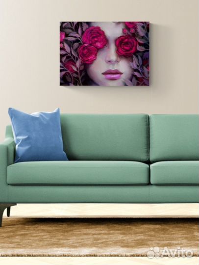 Картина розы цветы девушка силуэт глаза 70х50
