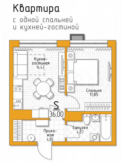 1-к. квартира, 36 м², 1/5 эт.