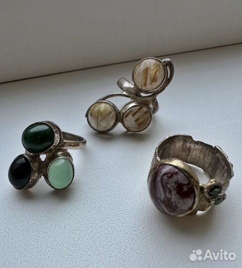 Кольцо из натур камня:волосатик, нефрит, авантюрин