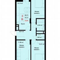 3-к. квартира, 72,6 м², 2/10 эт.