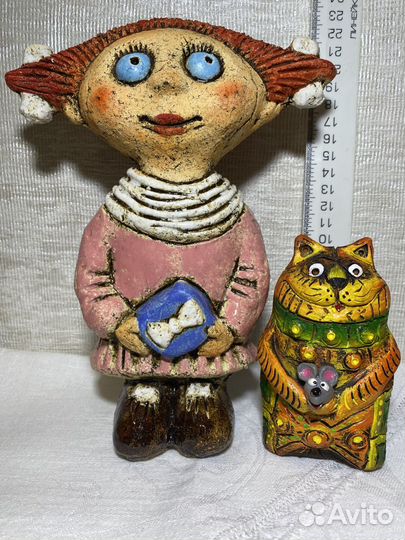Статуэтка Девочка, Кот, шамотная глина