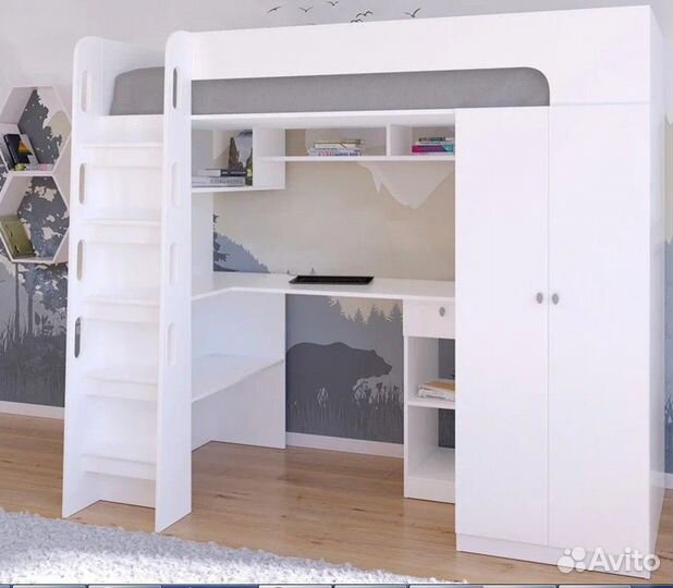 Кровать чердак со столом и шкафом Белый/Розовый