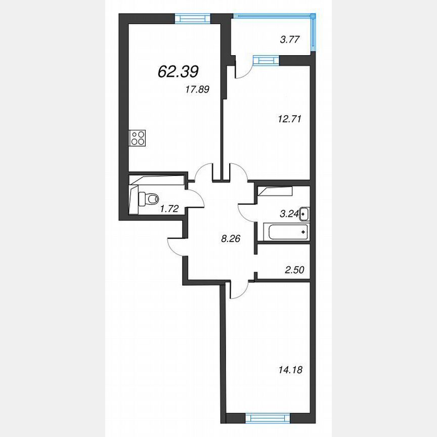 2-к. квартира, 64,3 м², 19/22 эт.
