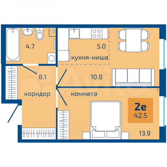 2-к. квартира, 42,5 м², 1/10 эт.