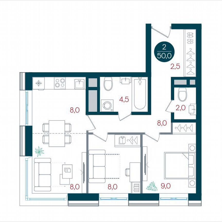 2-к. квартира, 50 м², 30/32 эт.