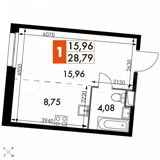 1-к. апартаменты, 28,8 м², 8/15 эт.
