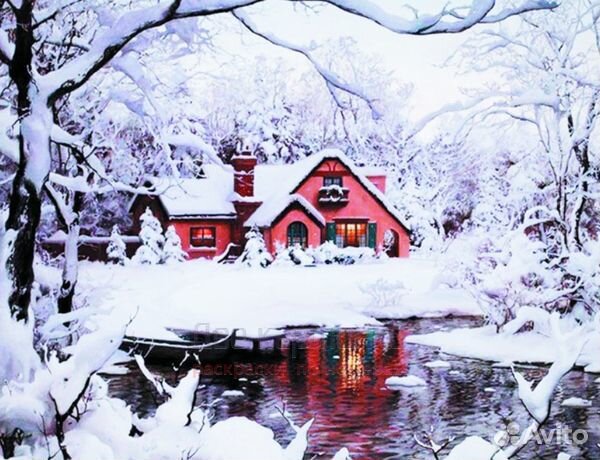 Алмазная мозаика 40x50 Розовый заснеженный домик