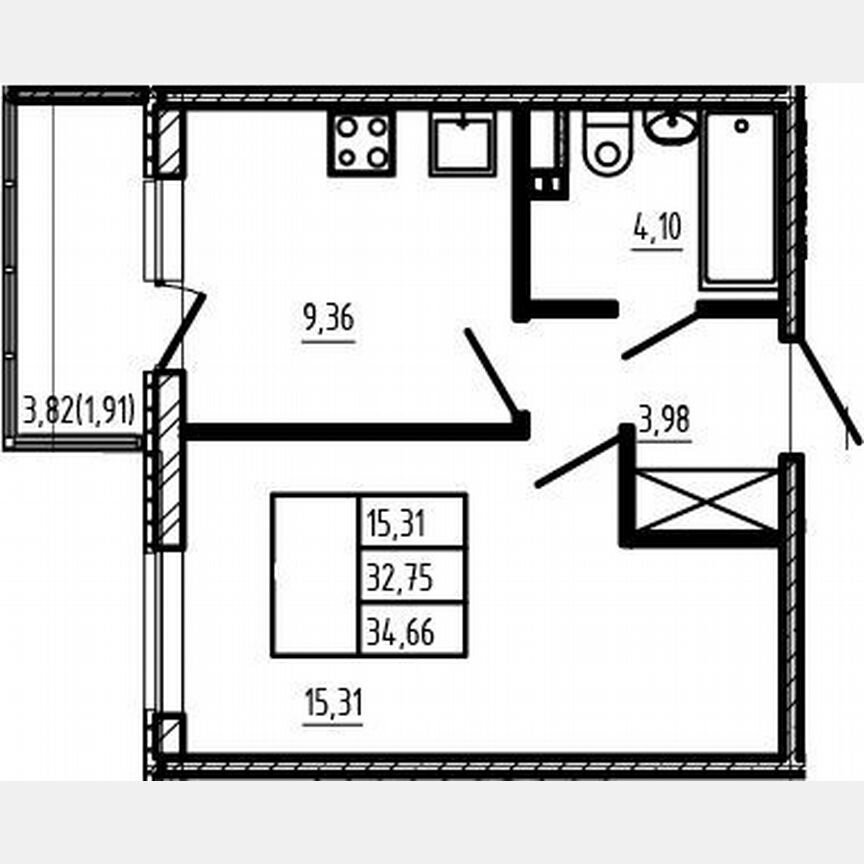1-к. квартира, 32,8 м², 2/4 эт.