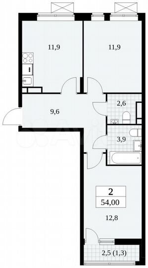 2-к. квартира, 54 м², 6/15 эт.