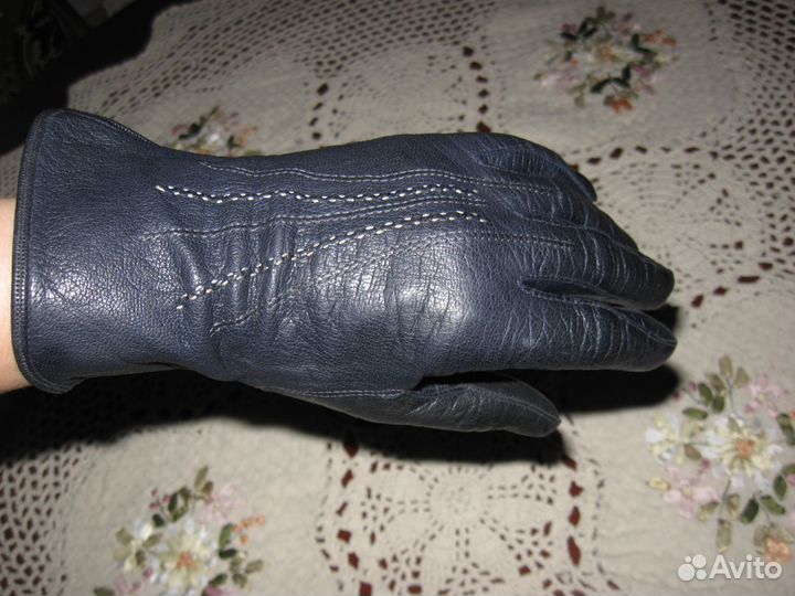 Перчатки винтажные женские кожа Европа синие