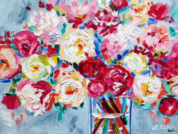 Картина Пионы маслом цветы на холсте 30х40 см