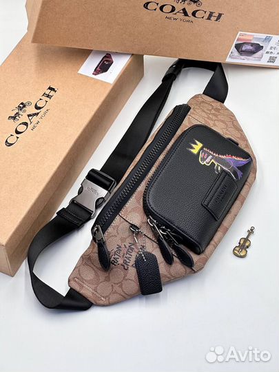 Поясная сумка coach канва и кожа Люкс