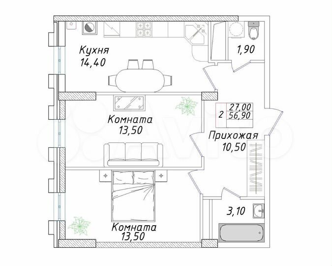 2-к. квартира, 56,9 м², 6/8 эт.