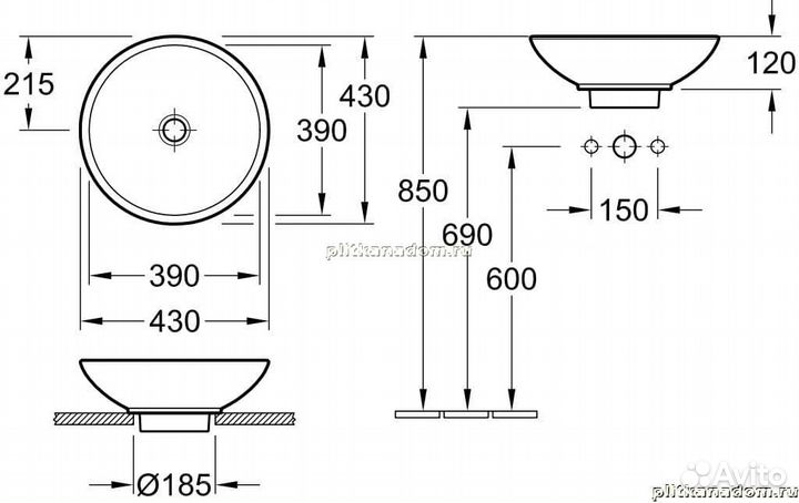 Villeroy Boch Loop Friends 5144 0001 Раковина для установки на столешницу D430 mm без отв, стержень