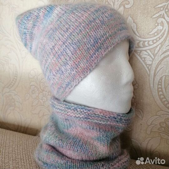 Шапка бини, снуд и митенки из пуха норки