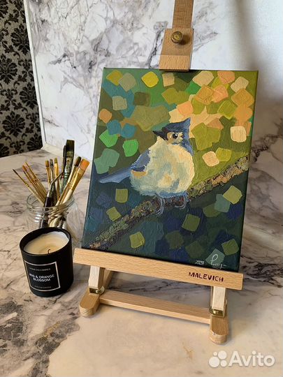 Картина на холсте с птицей, акрил, Хохлатая синица