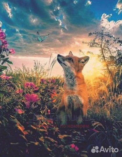 Алмазная мозаика 40x50 Лиса среди цветов на фоне з