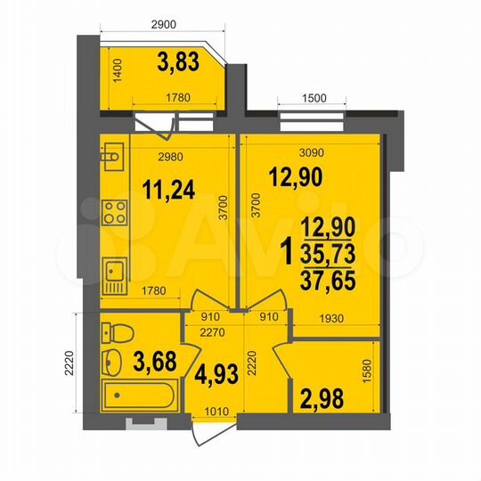 1-к. квартира, 37,7 м², 4/5 эт.