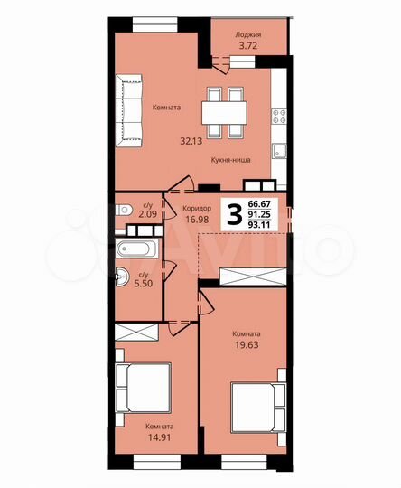 3-к. квартира, 93,1 м², 2/17 эт.