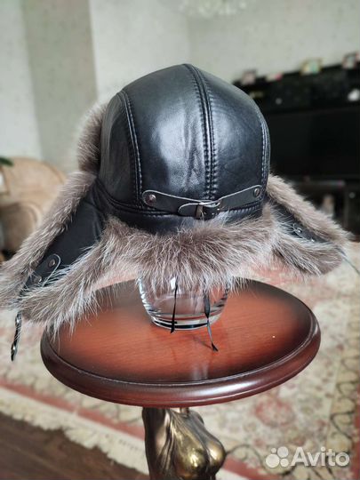 Шапка ушанка кожа мех размер 55-56