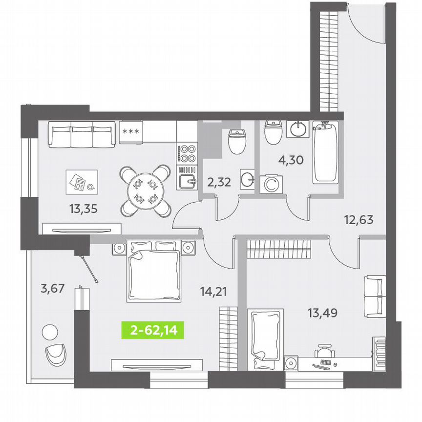 2-к. квартира, 62,1 м², 13/13 эт.