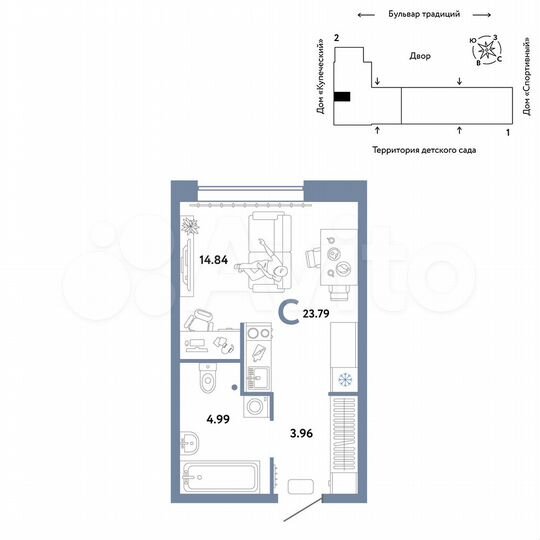 Квартира-студия, 23,8 м², 1/15 эт.