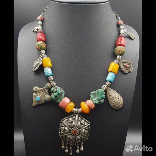 Бусы этнические с подвеской из серебра. Антик
