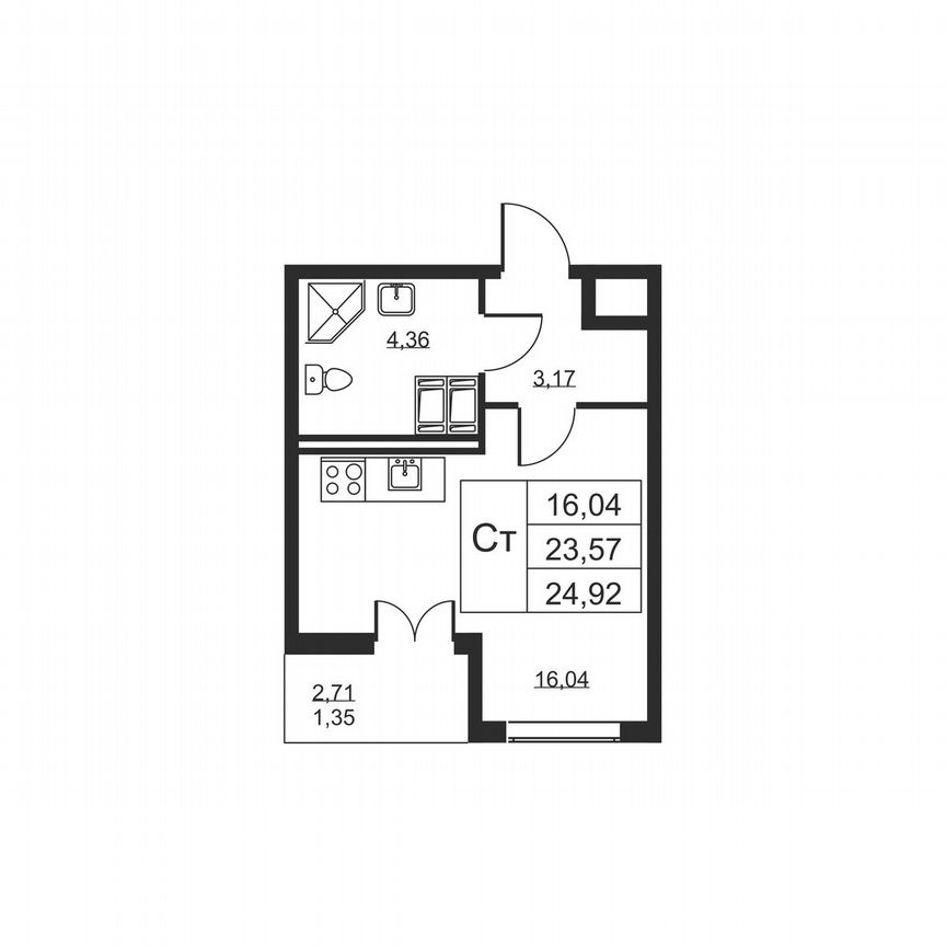Квартира-студия, 24,9 м², 18/19 эт.