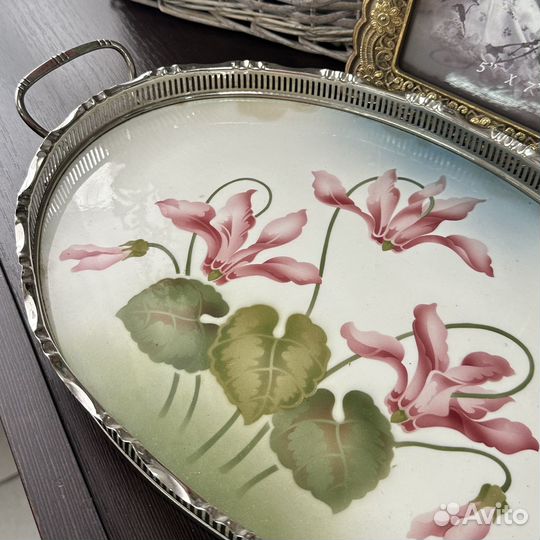 Поднос. Серебрение. с фарфоровой вставкой