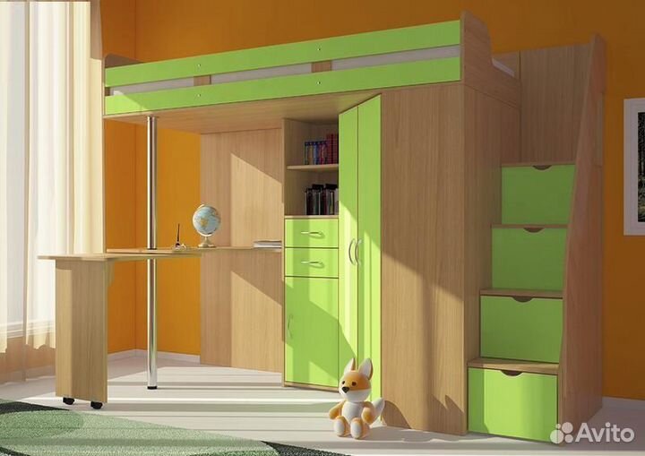 Детская кровать чердак со столом и шкафом